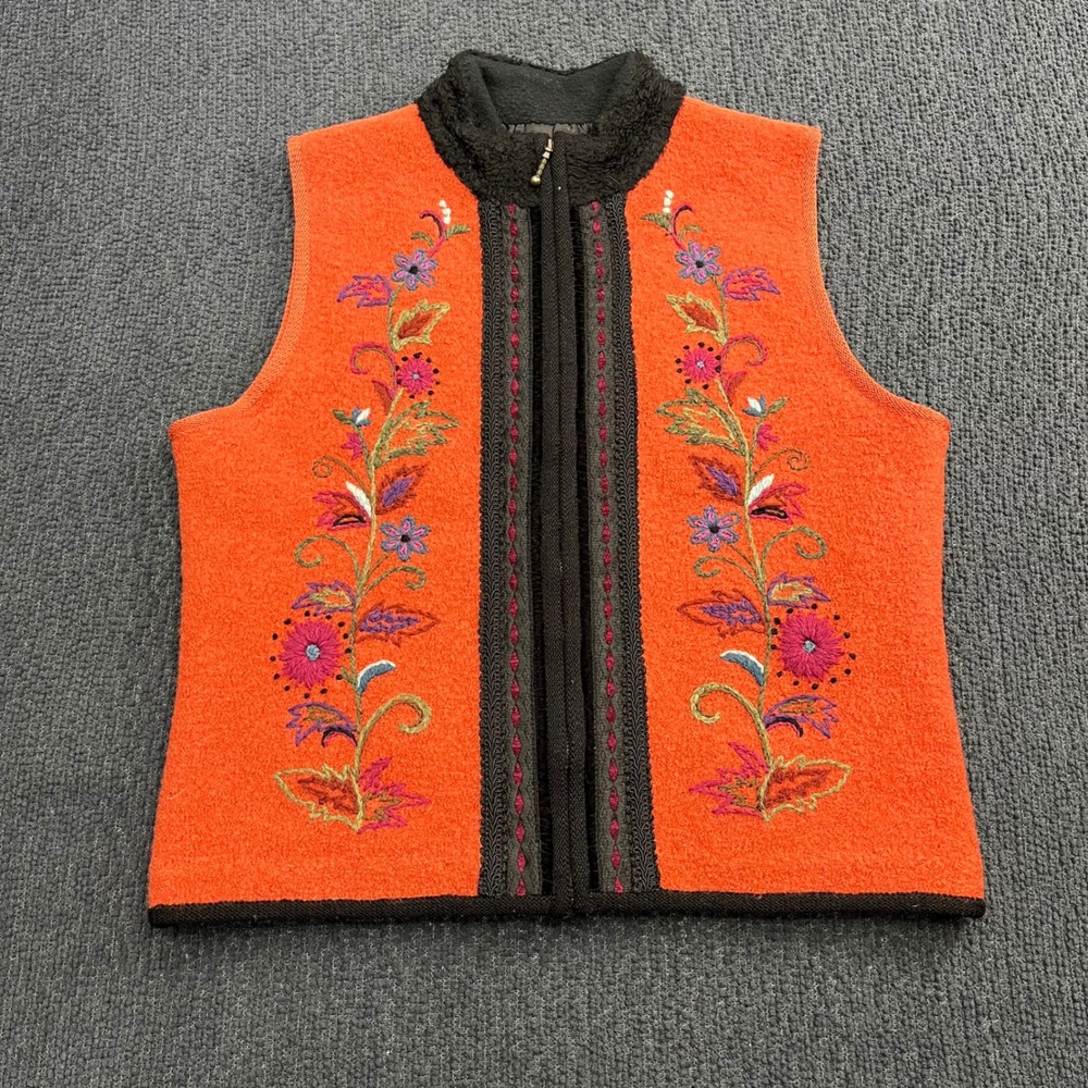 Icelandic Design Womens Orange Wool Blend Embroidered Floral Zip Up Vest Size M